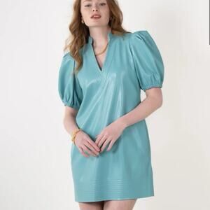 Emily McCarthy "Hampton" Faux Leather Mini-Dress Sz Medium Puff Sleeve Seaglass